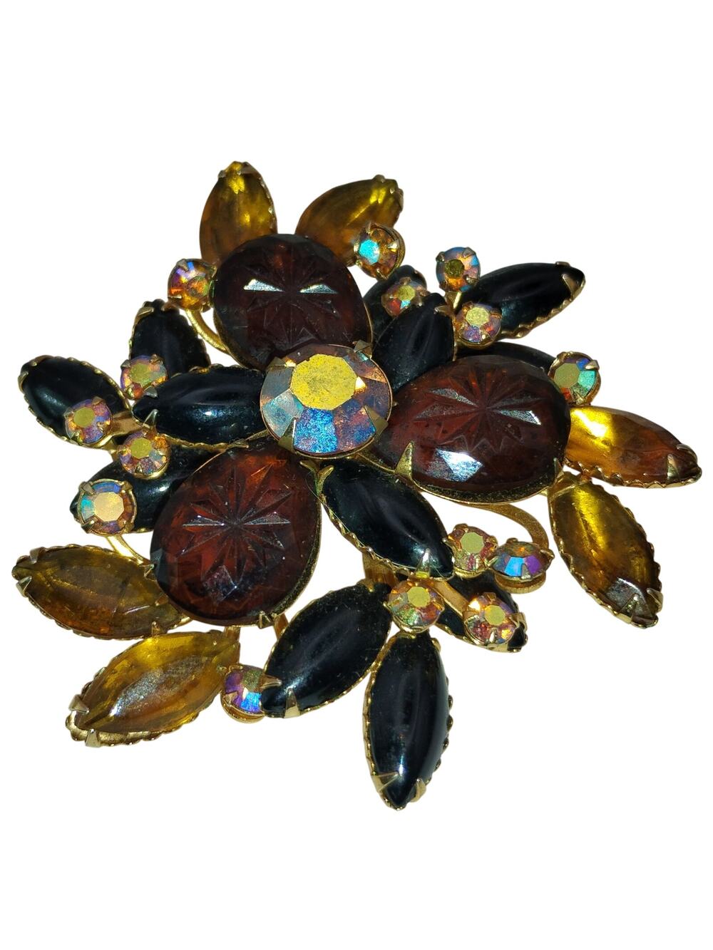 Vintage Rhinestone Floral Spray Brooch – Amber, Black & Aurora Borealis